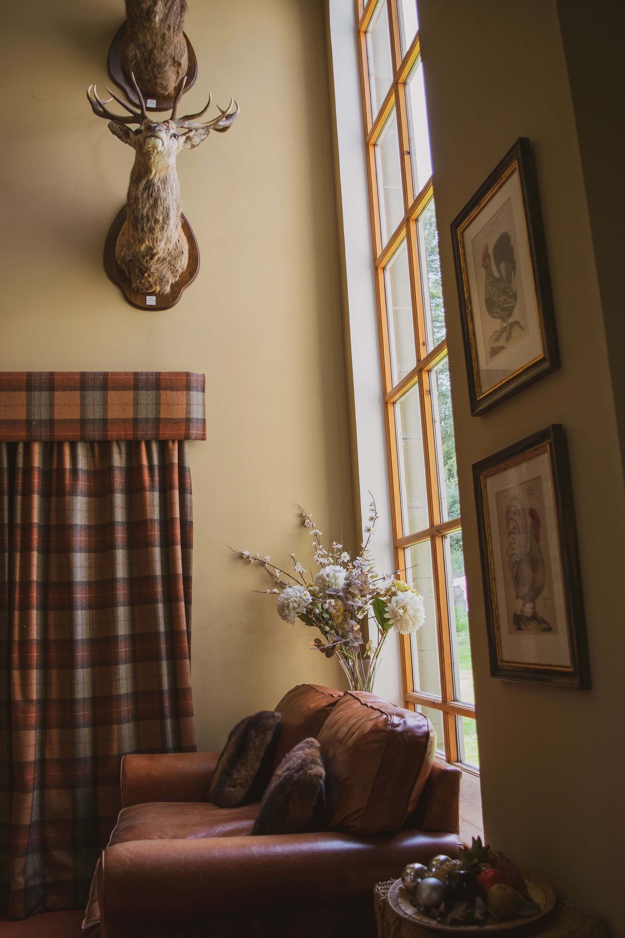 Living room corner with a deer head mounted on the wall, a checkered curtain, framed artwork of roosters, a brown leather armchair with fur pillows, a tall window with wooden framing, and a vase of white flowers.