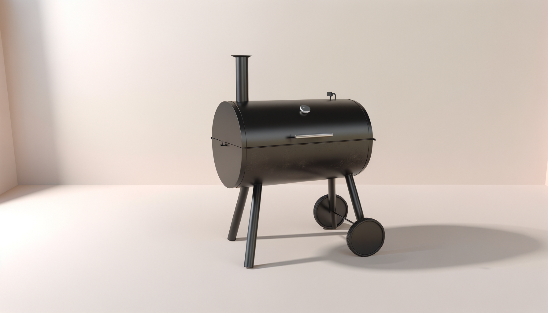Black barrel-shaped barbecue smoker with a chimney, wheels, and tripod legs, placed in an empty room with beige walls and floor.