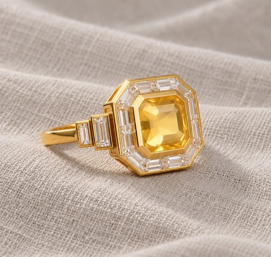 Bespoke 18ct Art Deco Target Ring Canary Yellow Sapphire