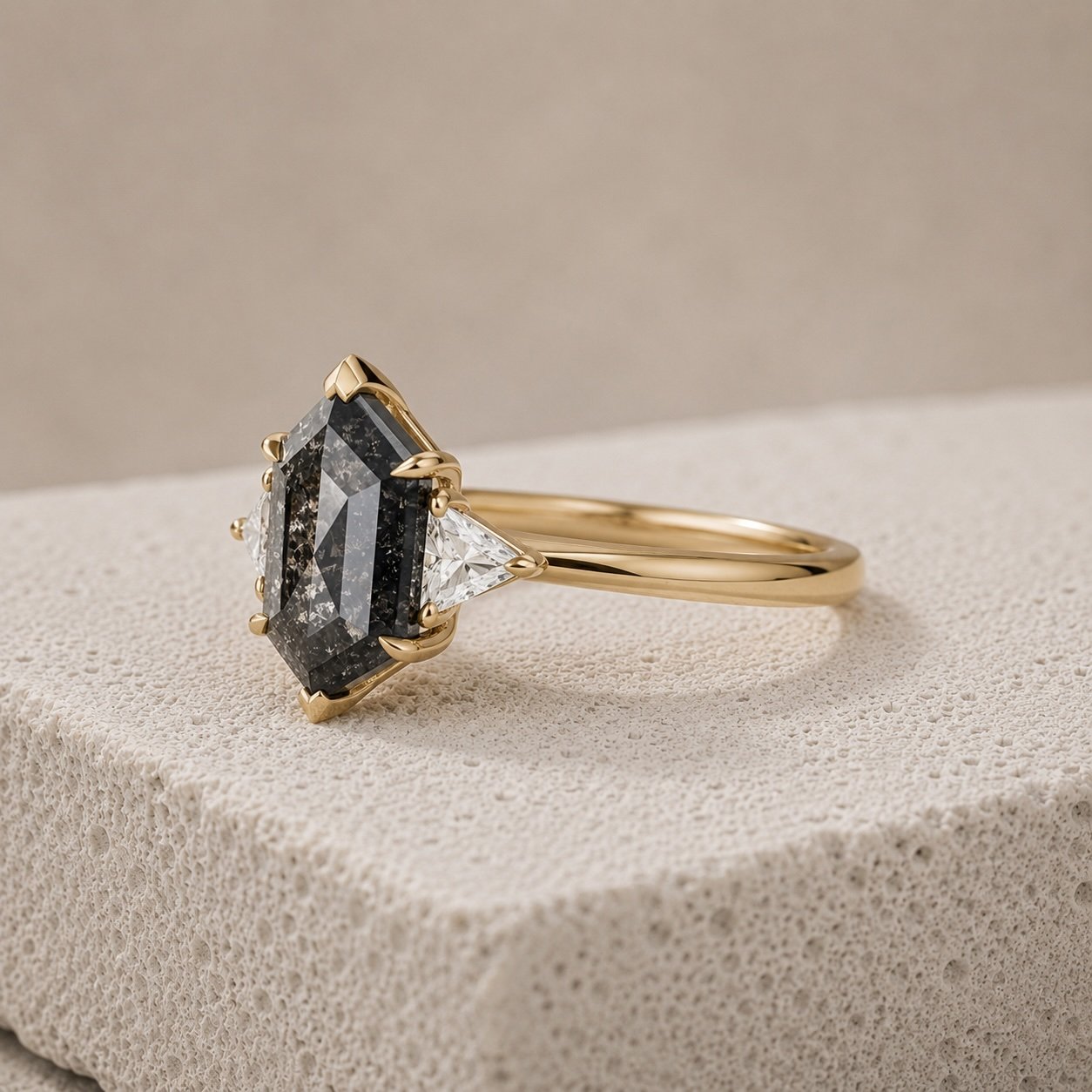 18ct Yellow Gold Bespoke Salt & Pepper Diamond Ring – 2.00ct Elongated Octagonal Centre with Matching Trilliant Cut Diamonds