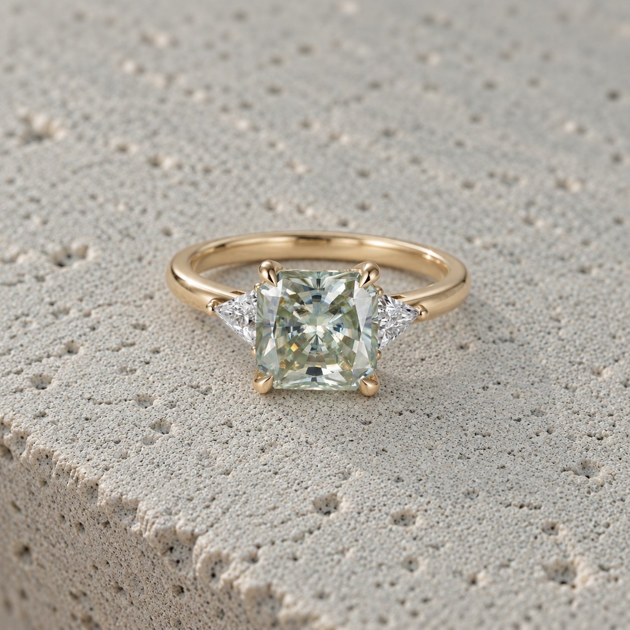 18ct Gold Bespoke Turquoise Moissanite Ring – 3.00ct Centre with Lab-Grown Trilliant Cut Diamond Shoulders