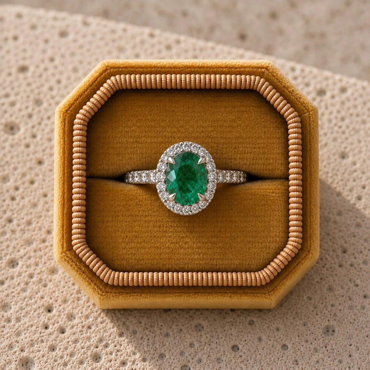 Emerald & Diamond Halo by bespoke jeweller Daniel Greenberg  Central 2.00ct oval Zambian emerald – rich green and ethically sourced