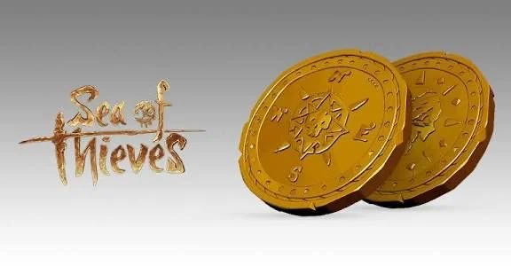 Two gold coins with a star emblem and the Sea of Thieves logo next to them.