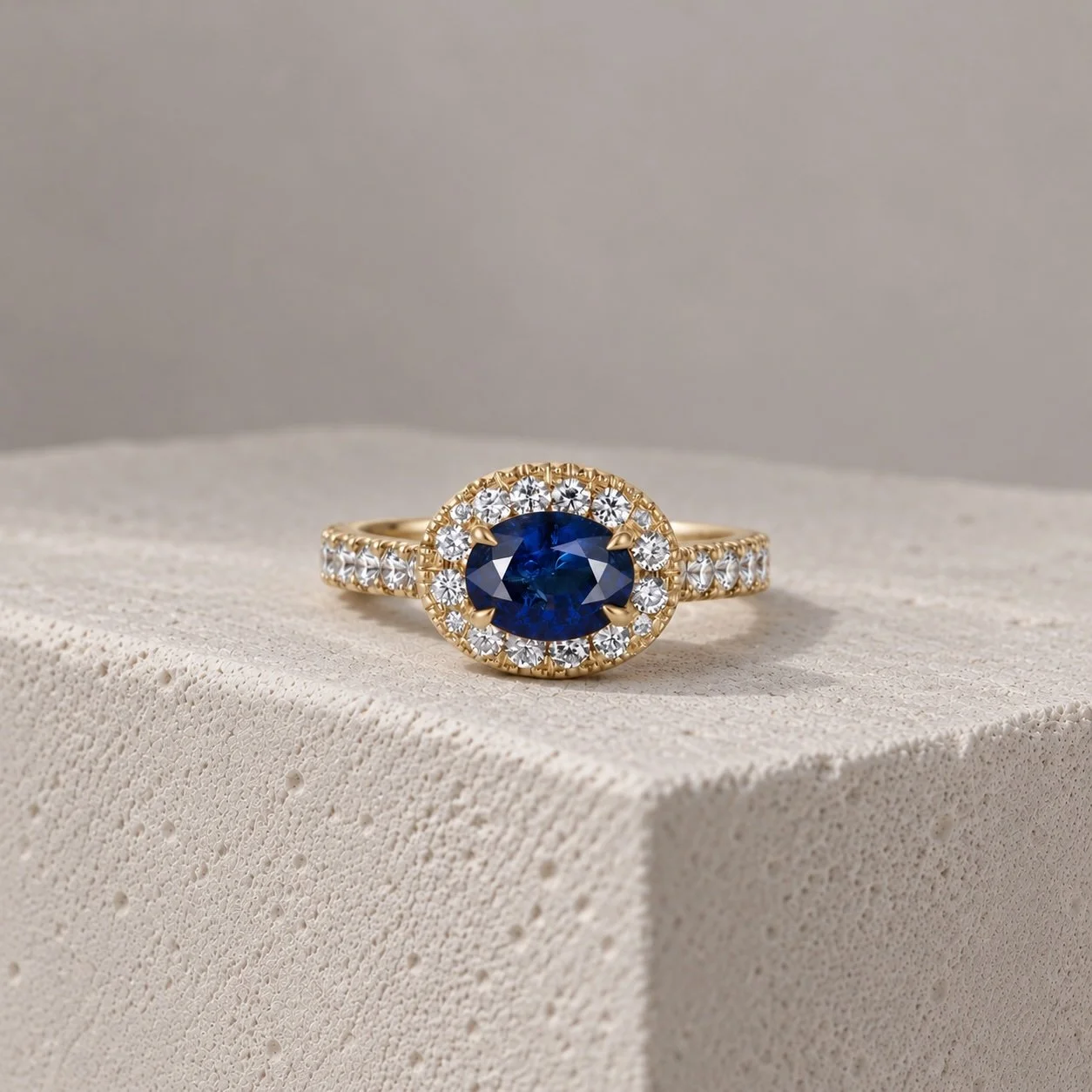 18ct Yellow Gold Bespoke Sapphire & Diamond Halo Ring - Handmade in London