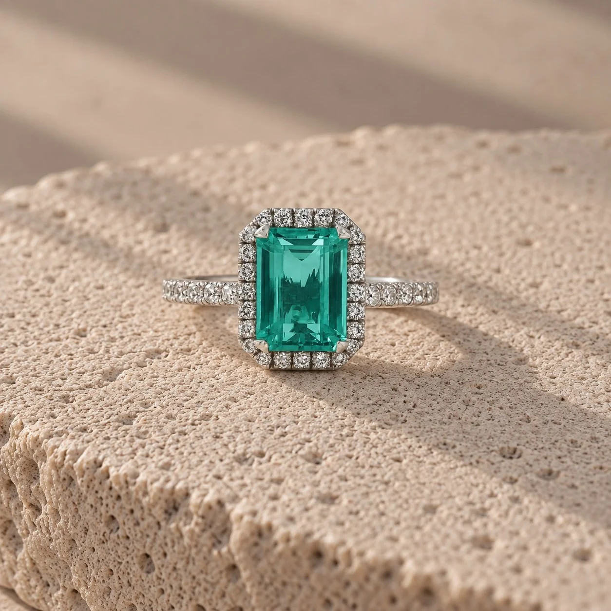 Bespoke 2ct Rectangular Brazilian Emerald & Diamond Halo Ring – Handmade in Hatton Garden