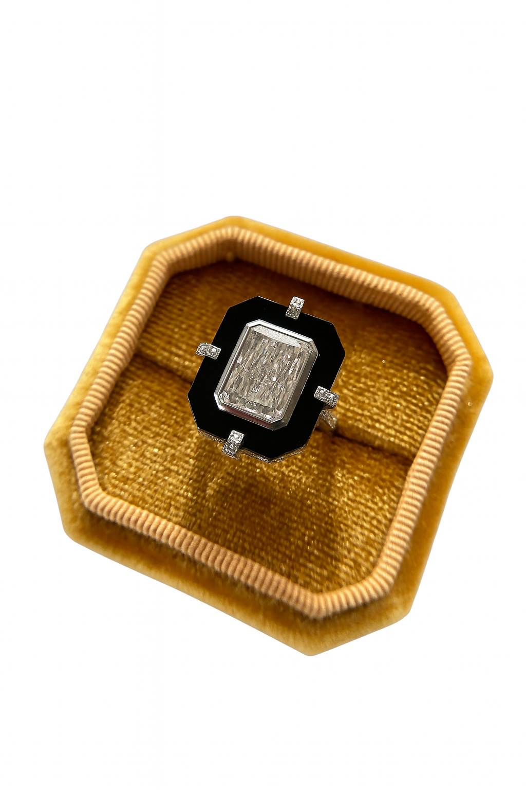 Art Deco black onyx and emerald-cut diamond ring handmade by Daniel in Hatton Garden London, bespoke one-of-a-kind fine jewellery design.
