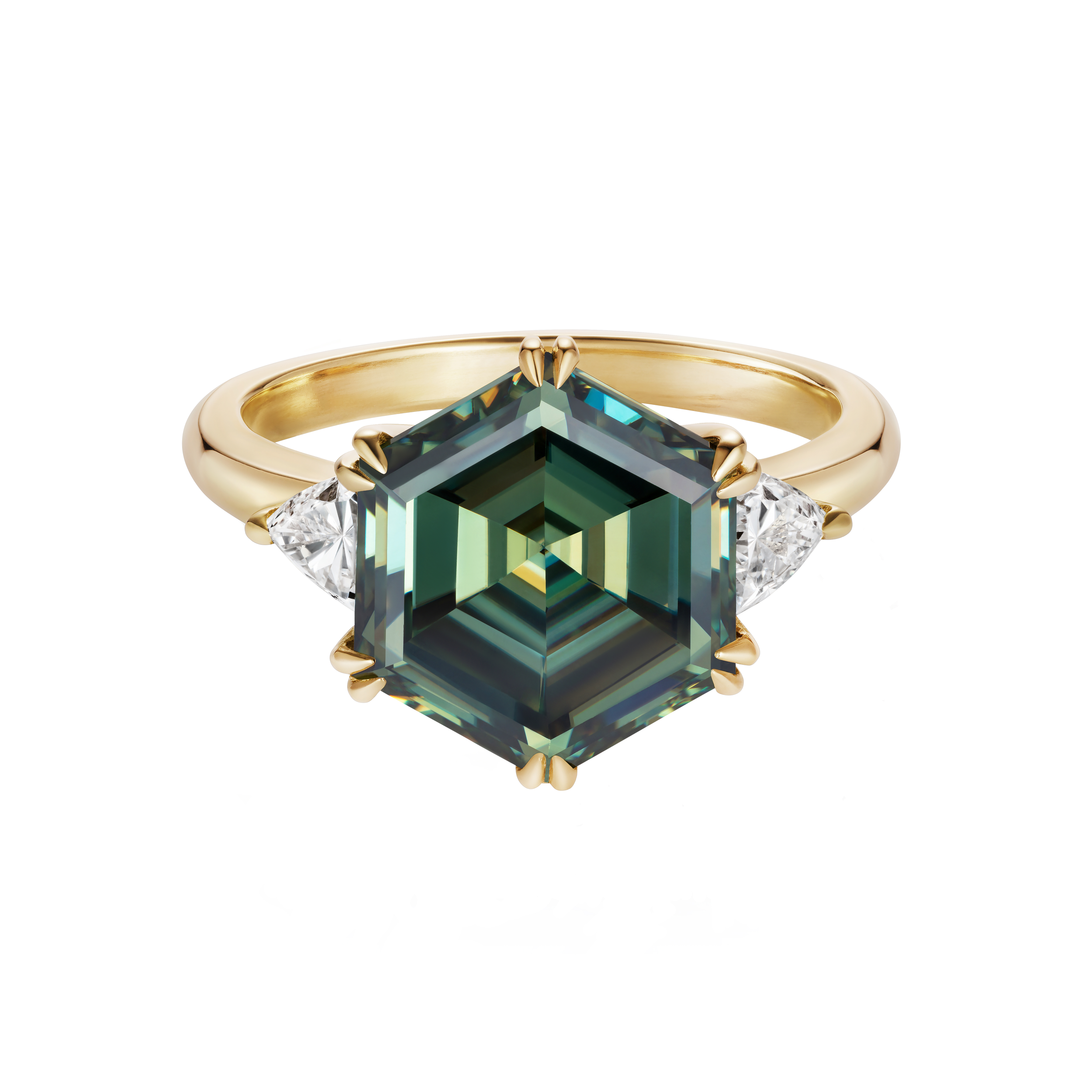 Hexagonal Green Moissanite 18ct gold alternative ring