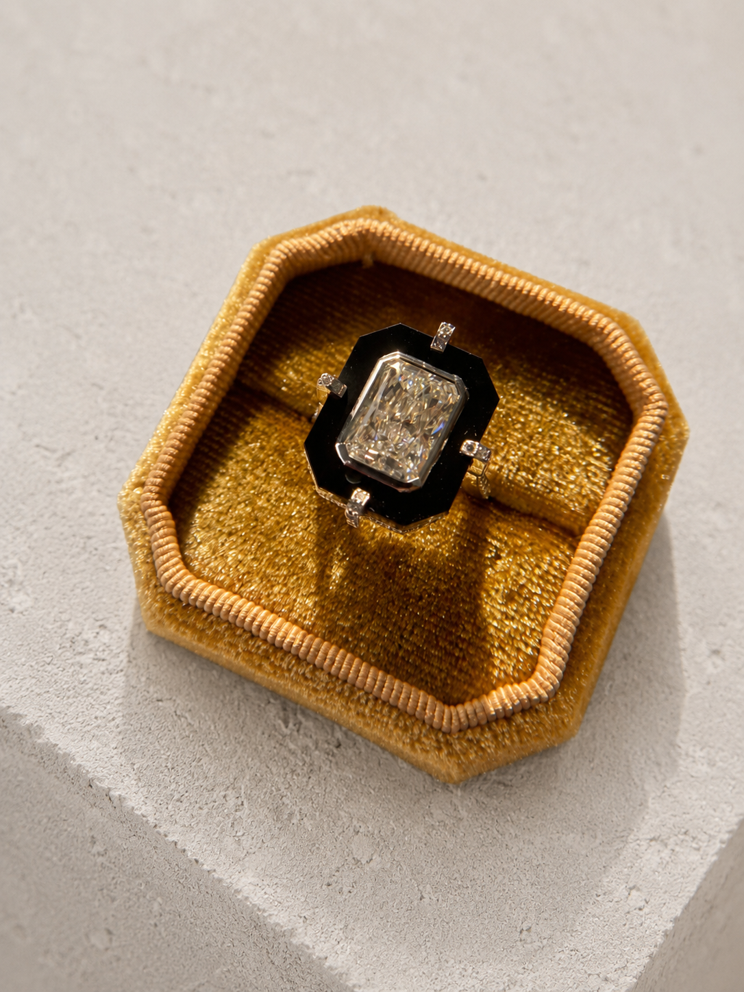 Art Deco Black Onyx and Emerald-Cut Diamond Ring