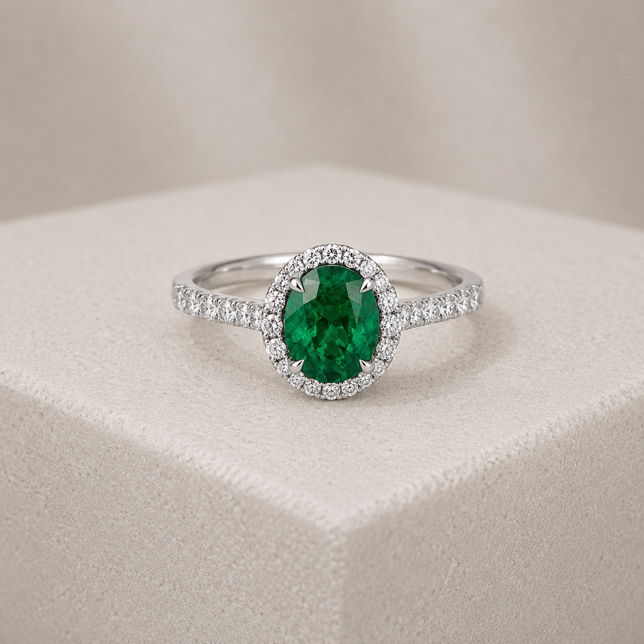 Oval Emerald & Diamond Halo Ring set in platinum with micro set head
