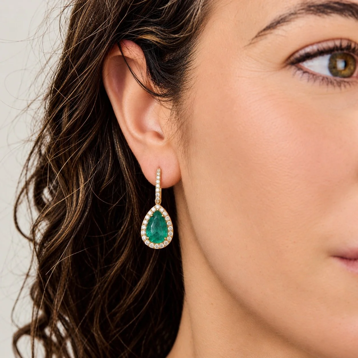 Pear-Shaped Emerald Earrings with Diamond Pavé Halo