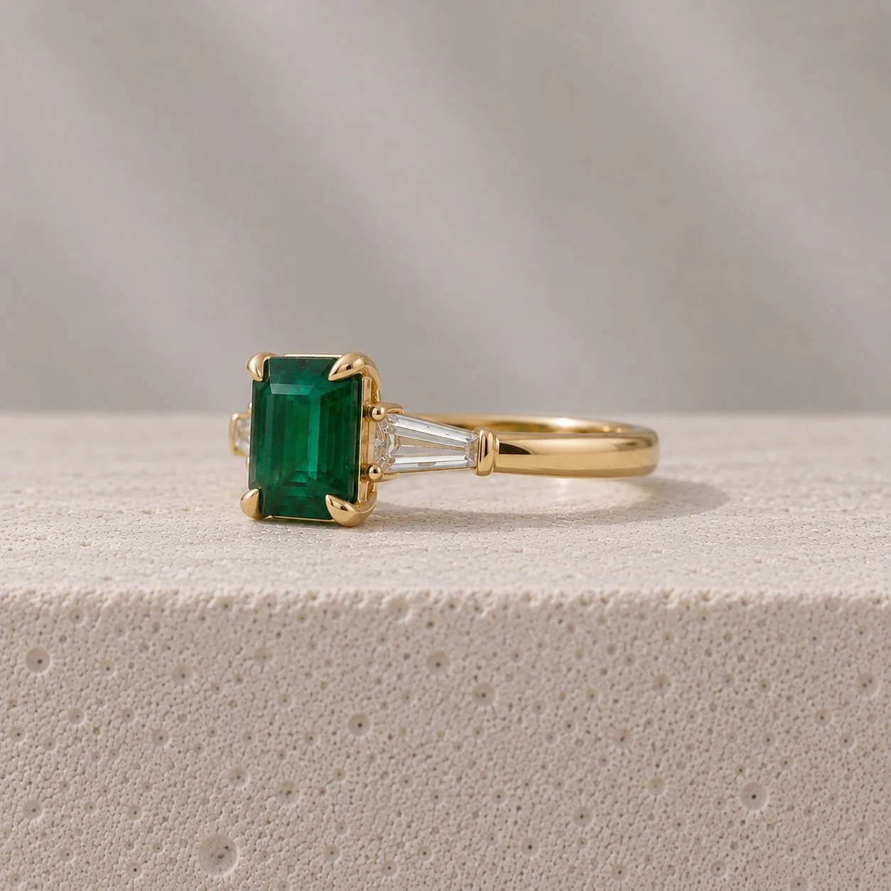 Bespoke 18ct Yellow Gold Colombian Emerald & Diamond Ring – Handmade in London tapered baguette cut diamond