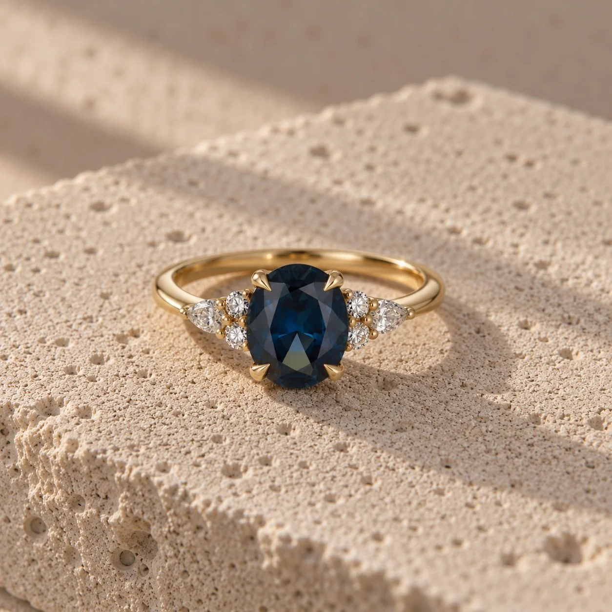Sri Lankan Oval Sapphire & Trefoil Shoulders - Handmade in Hatton Garden