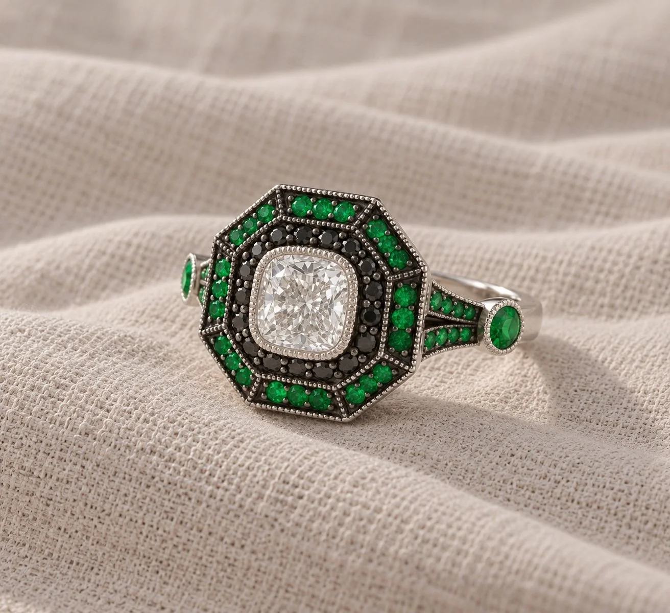 Bespoke 1ct Cushion Cut Diamond & Emerald Target Style Ring – Handmade in Hatton Garden
