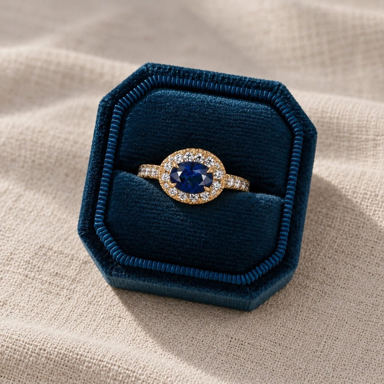 18ct Yellow Gold Bespoke Sapphire & Diamond Halo Ring - Handmade in London