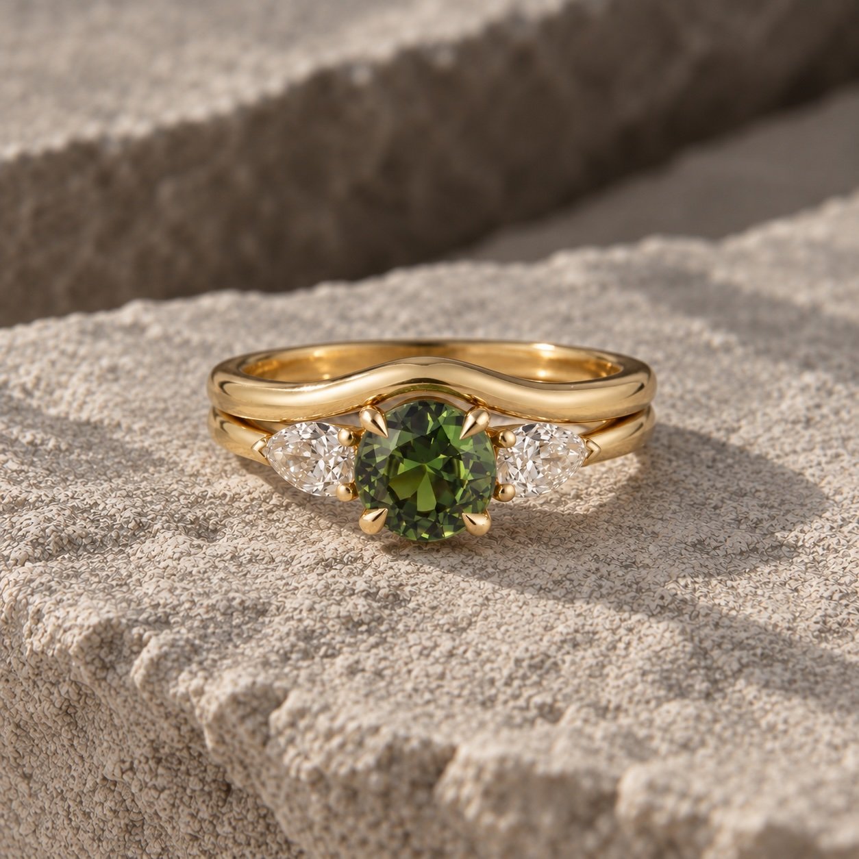 18ct Gold Bespoke Green Sapphire Ring & Optional Fitted Wedding Band - Handmade in Hatton Garden