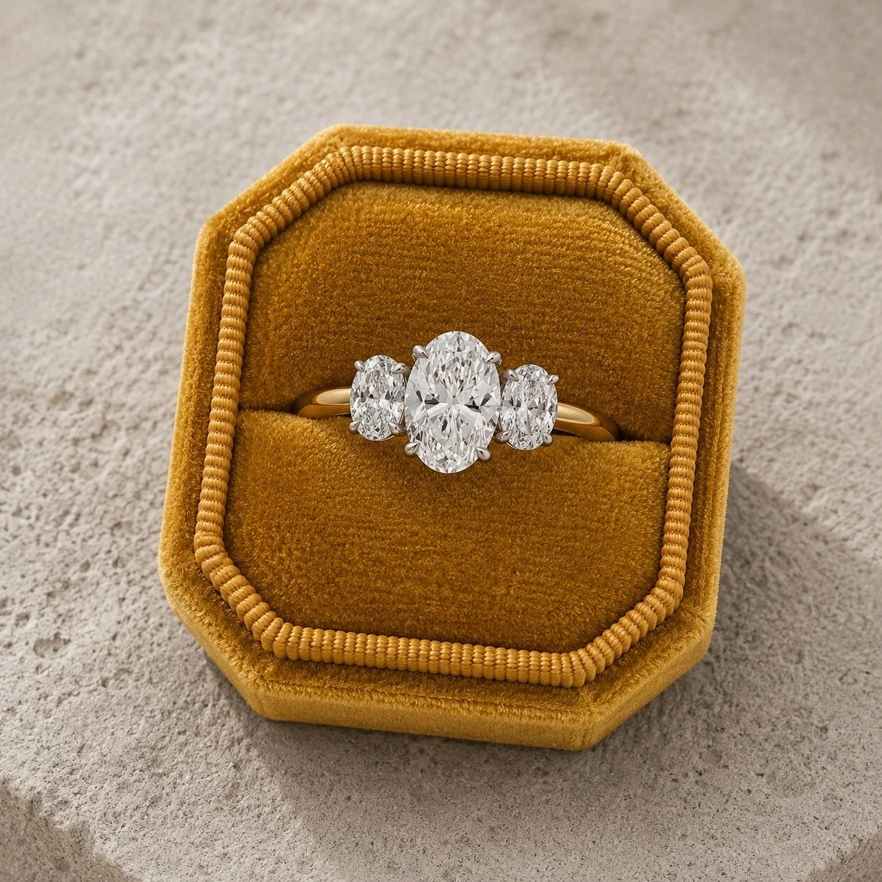 18ct Gold & Platinum Bespoke Oval Diamond Trilogy Ring – 1.50ct GIA Certified E VS1 Centre with Matching Oval Side Diamonds