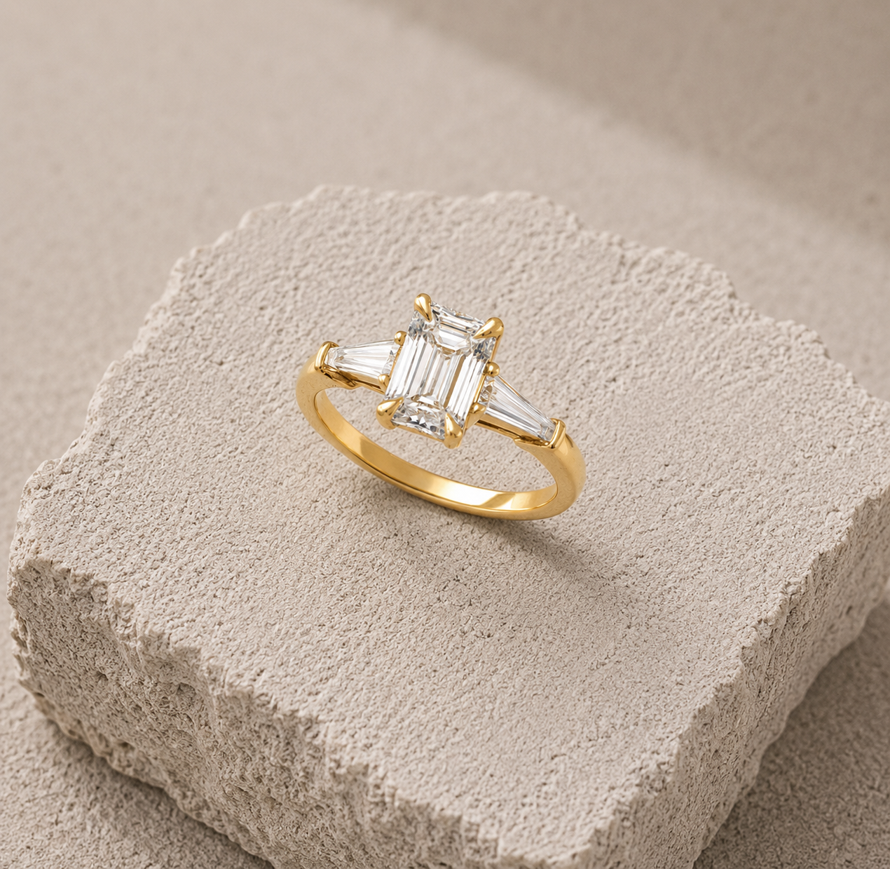 Handmade 1 carat emerald-cut diamond ring with tapered baguettes in 18ct yellow gold crafted by Hatton Garden jeweller Daniel Greenberg.