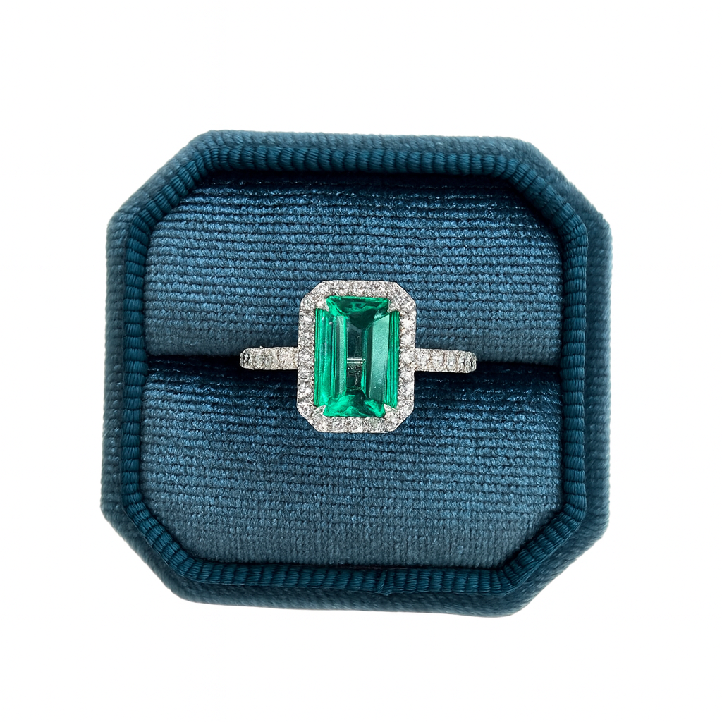 Bespoke 2ct Rectangular Brazilian Emerald & Diamond Halo Ring – Handmade in Hatton Garden