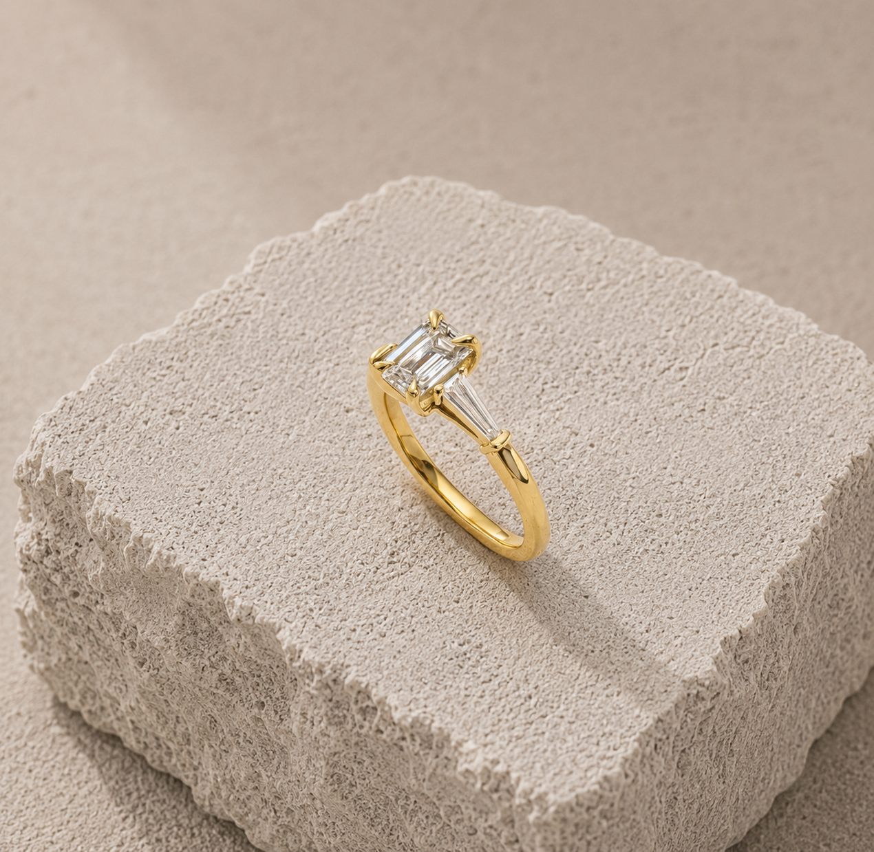 Bespoke emerlad cut and tapered baguette diamond ring DG Bespoke London