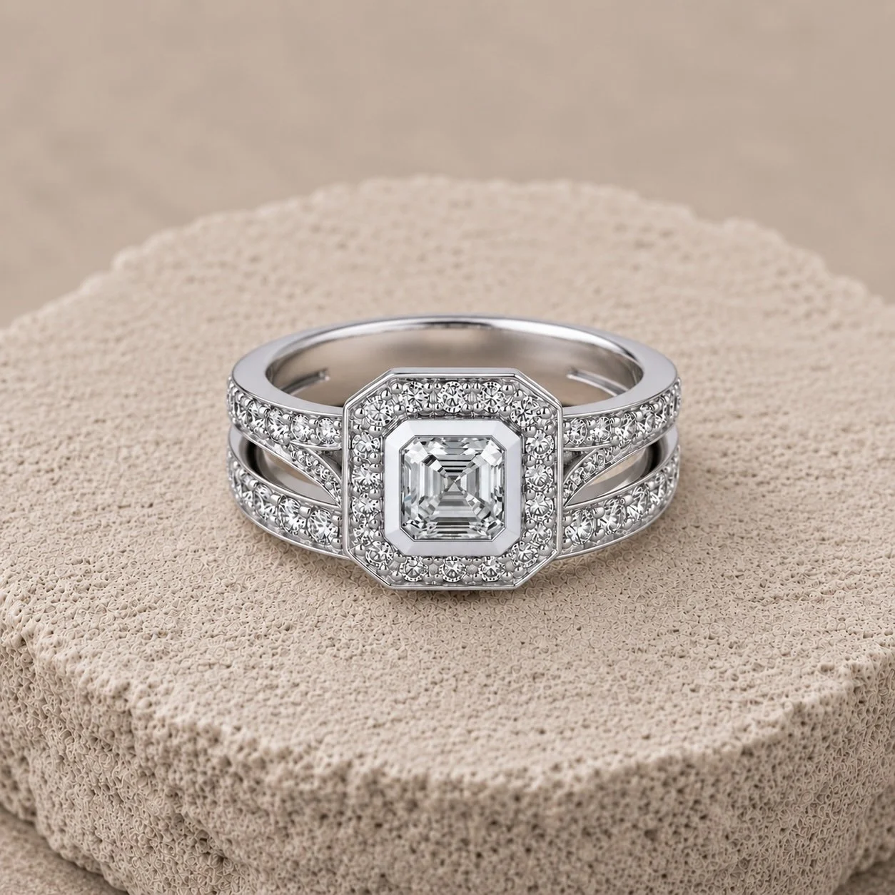 Platinum Bespoke Asscher Cut Diamond Ring with Pavé Set Diamonds – Handmade in Hatton Garden