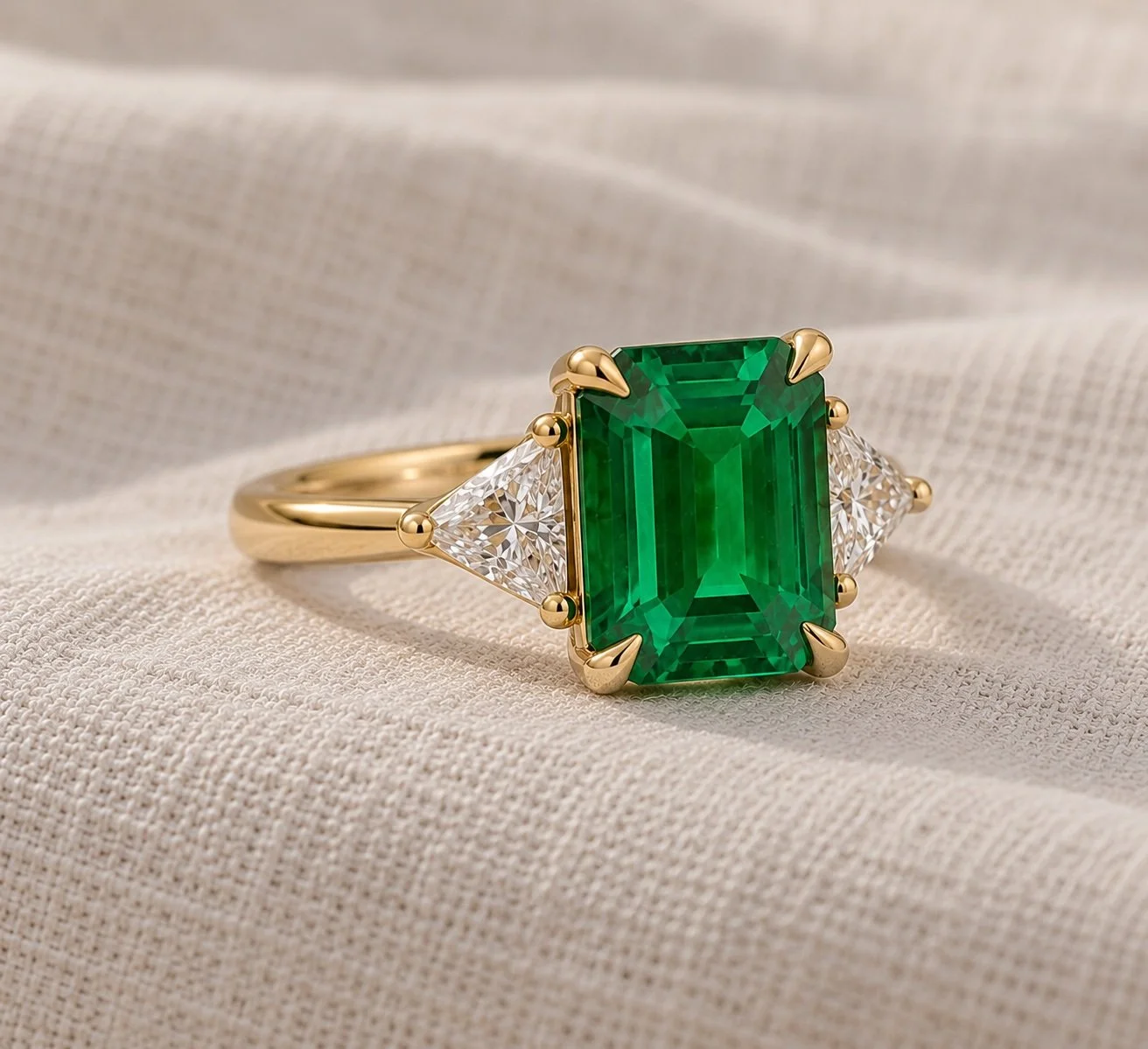 18ct Gold Zambian Emerald and Diamond Trilogy Ring Handmade by DG Bespoke Jewellery in Hatton Garden