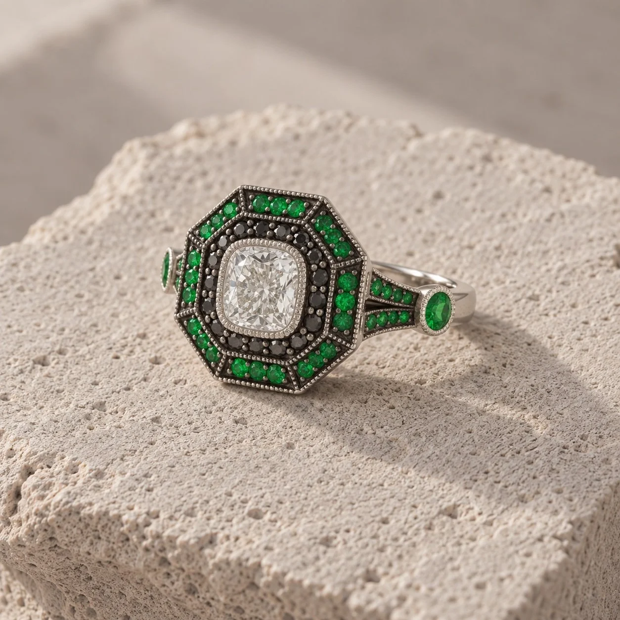 Bespoke 1ct Cushion Cut Diamond & Emerald Target Style Ring – Handmade in Hatton Garden
