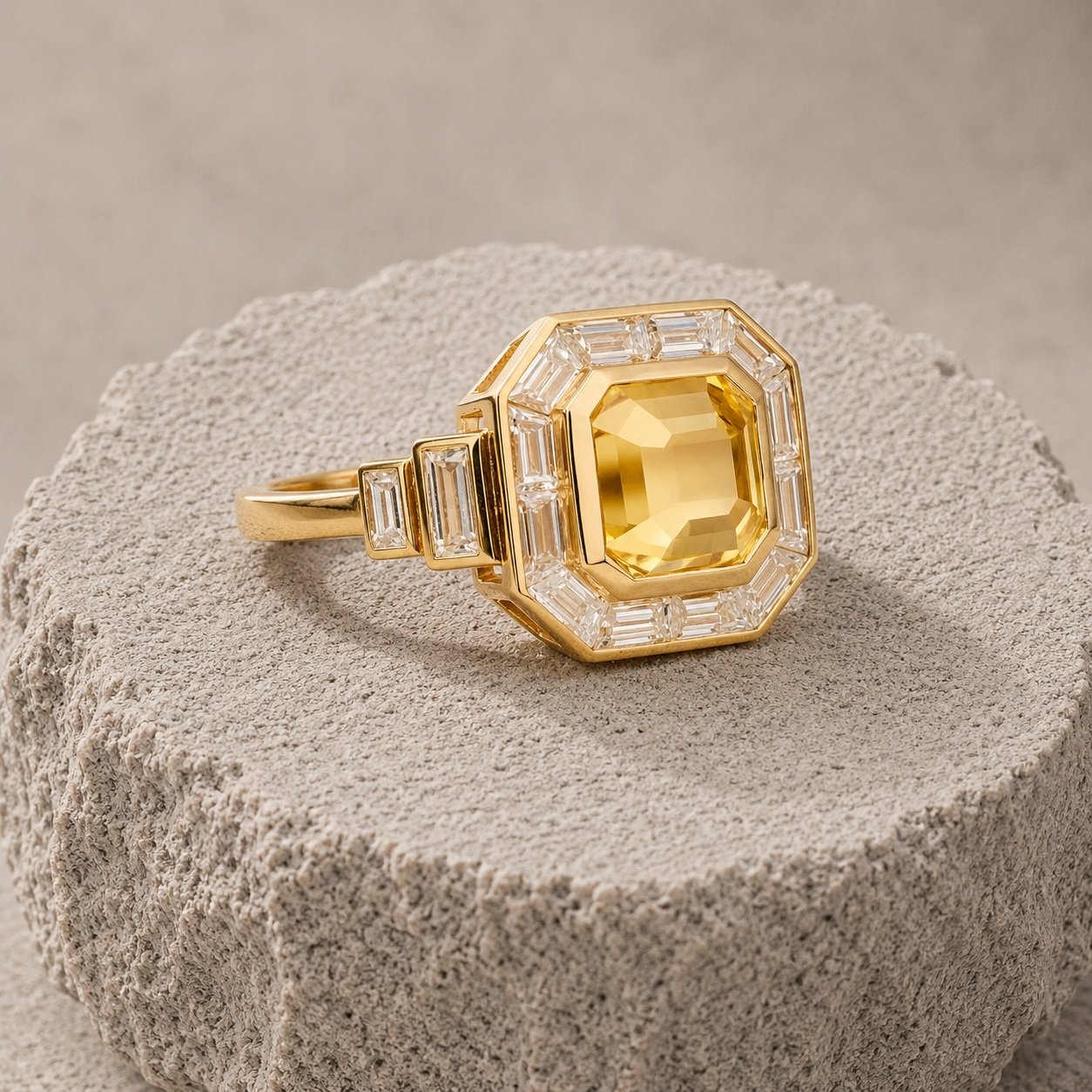 Bespoke 18ct Art Deco Target Ring Canary Yellow Sapphire