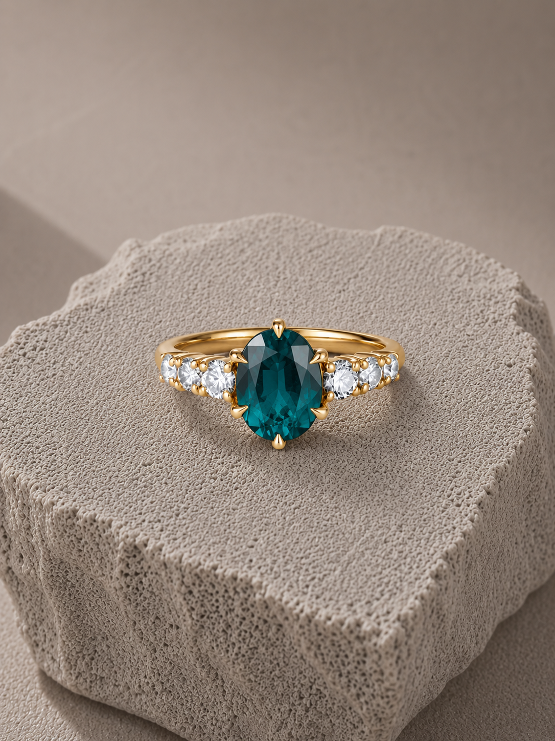 Teal Blue Oval Sapphire & Diamond Ring Flanked By Three Round Diamonds