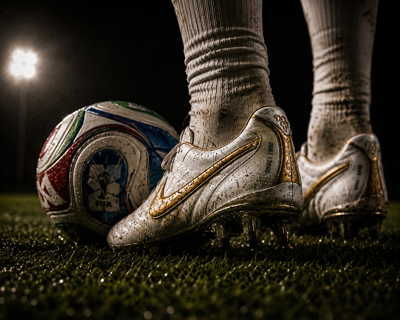 Close-up of foot in white soccer cleats with gold accents, standing on a field next to a colorful FIFA soccer ball, during nighttime with bright stadium lights.