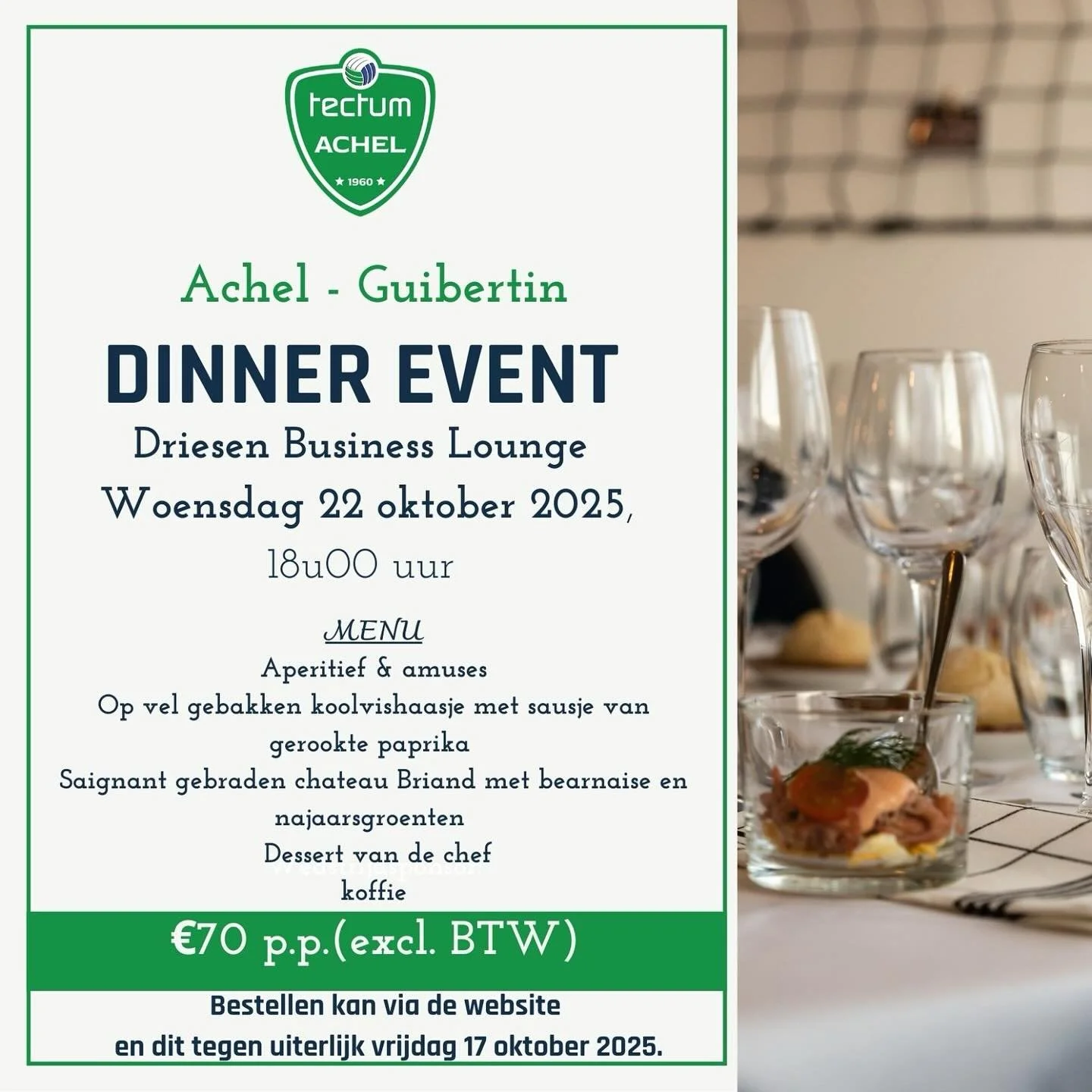 DINNER EVENT 🍷

Ook dit jaar kunnen jullie weer genieten van een heerlijker diner voor de thuiswedstrijden van de heren A. We beginnen eraan op 22 oktober, inschrijven kan via de website (Kalender &gt; reserveer nu).