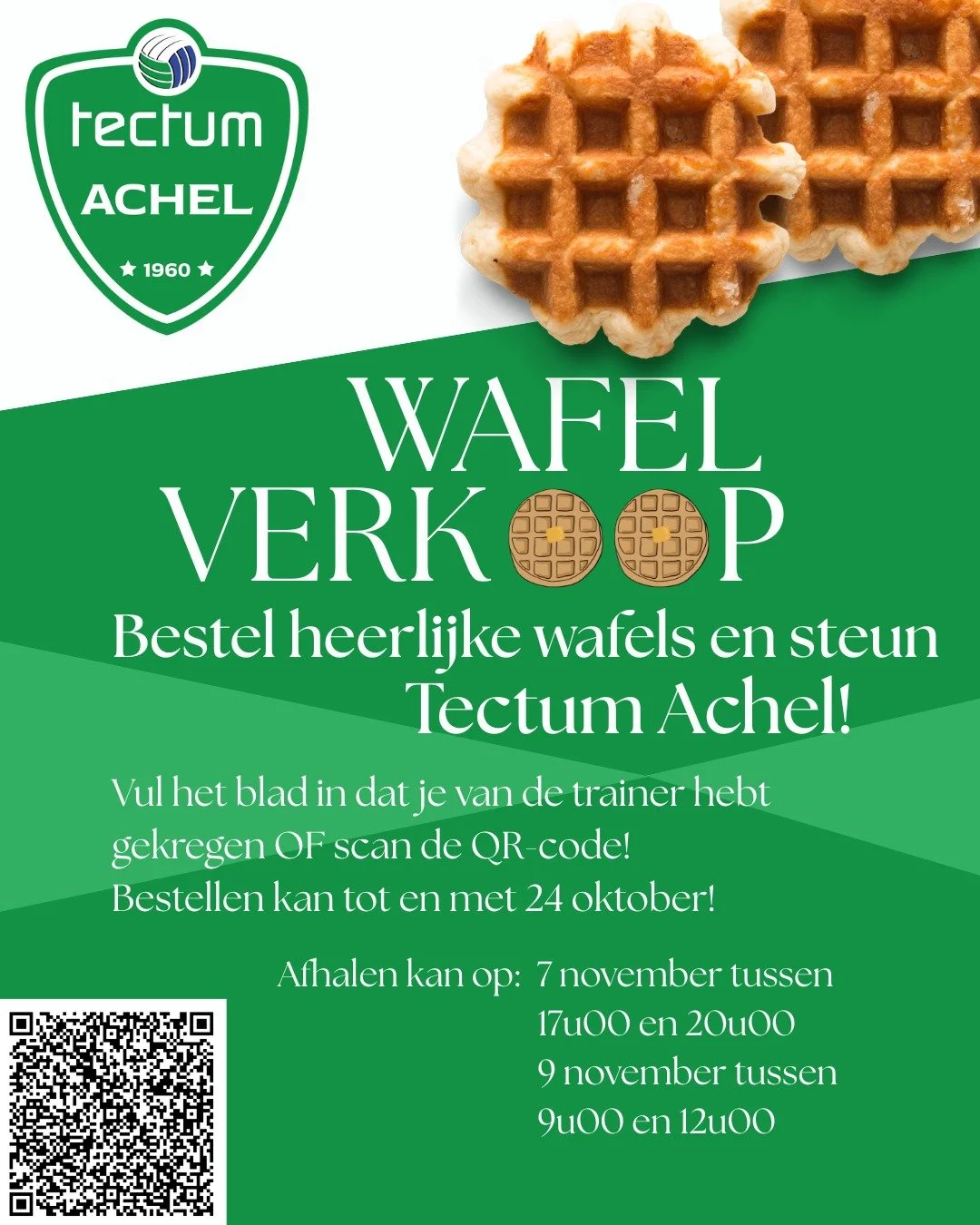 Heb jij je wafels al besteld? 

Je kan het online formulier of het blad dat je hebt gekregen van je trainer nog inleveren tot en met vrijdag 24 oktober. 🏐💚