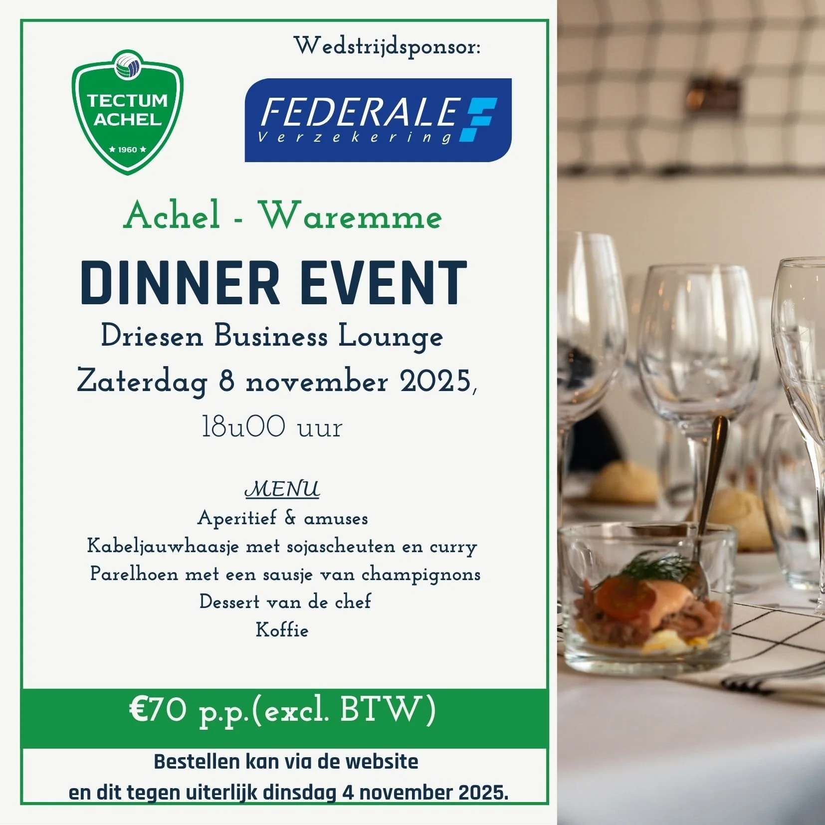 Schrijf je nu in voor het dinner event voor de thuiswedstrijd tegen Waremme op 8 november! Inschrijven kan via de website (Kalender &gt; reserveer nu) 🍷
2 w.