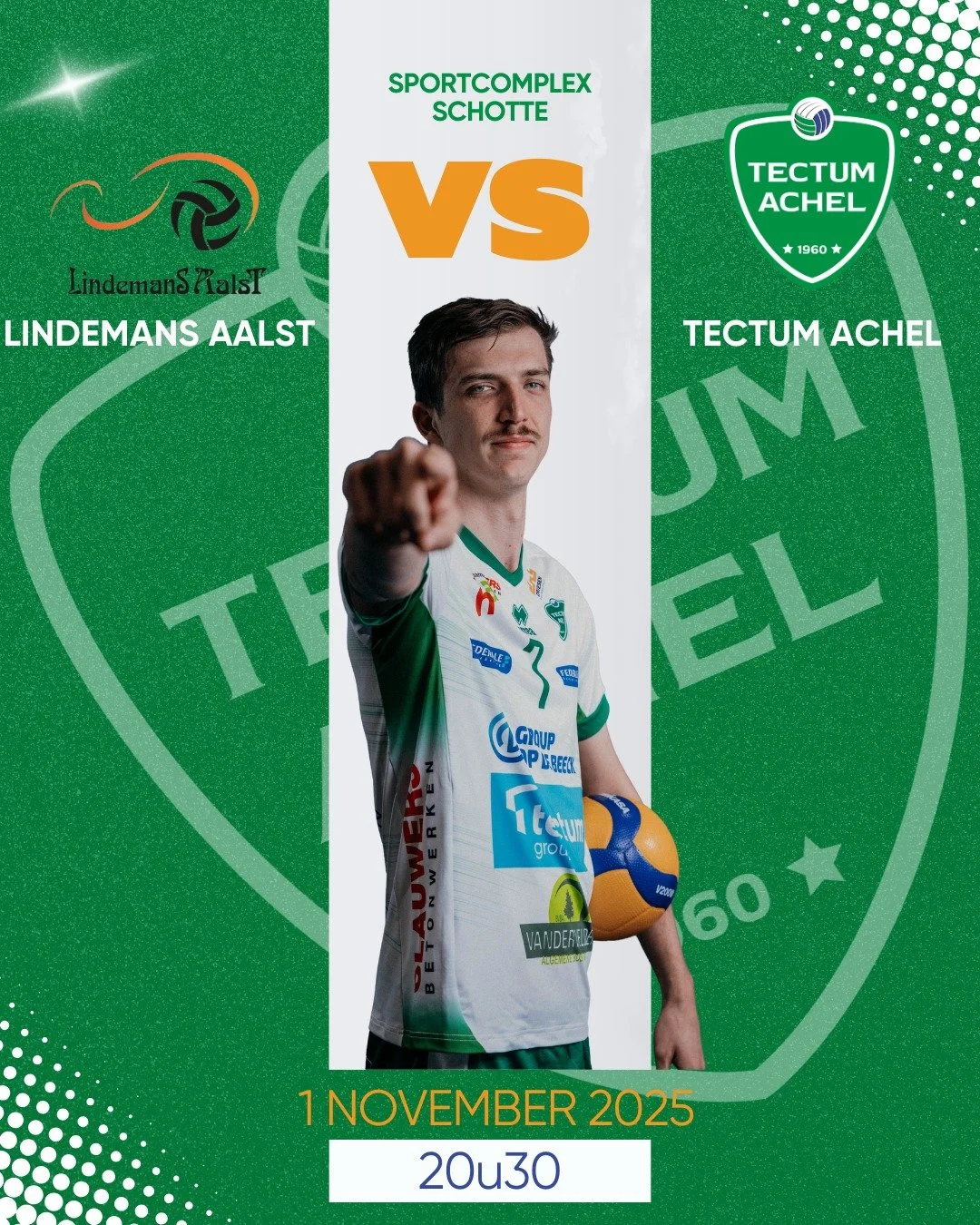 💚 AWAYGAME 💚
Voor ons geen feestdag dit weekend, maar vol aan de bak tegen Aalst!

📅 1 november 2025 | 20u30
📍 Sportcentrum Schotte | Kapellekensbaan 8 | 9320 Aalst
💻https://watch.lottovolleyleague.be/Men