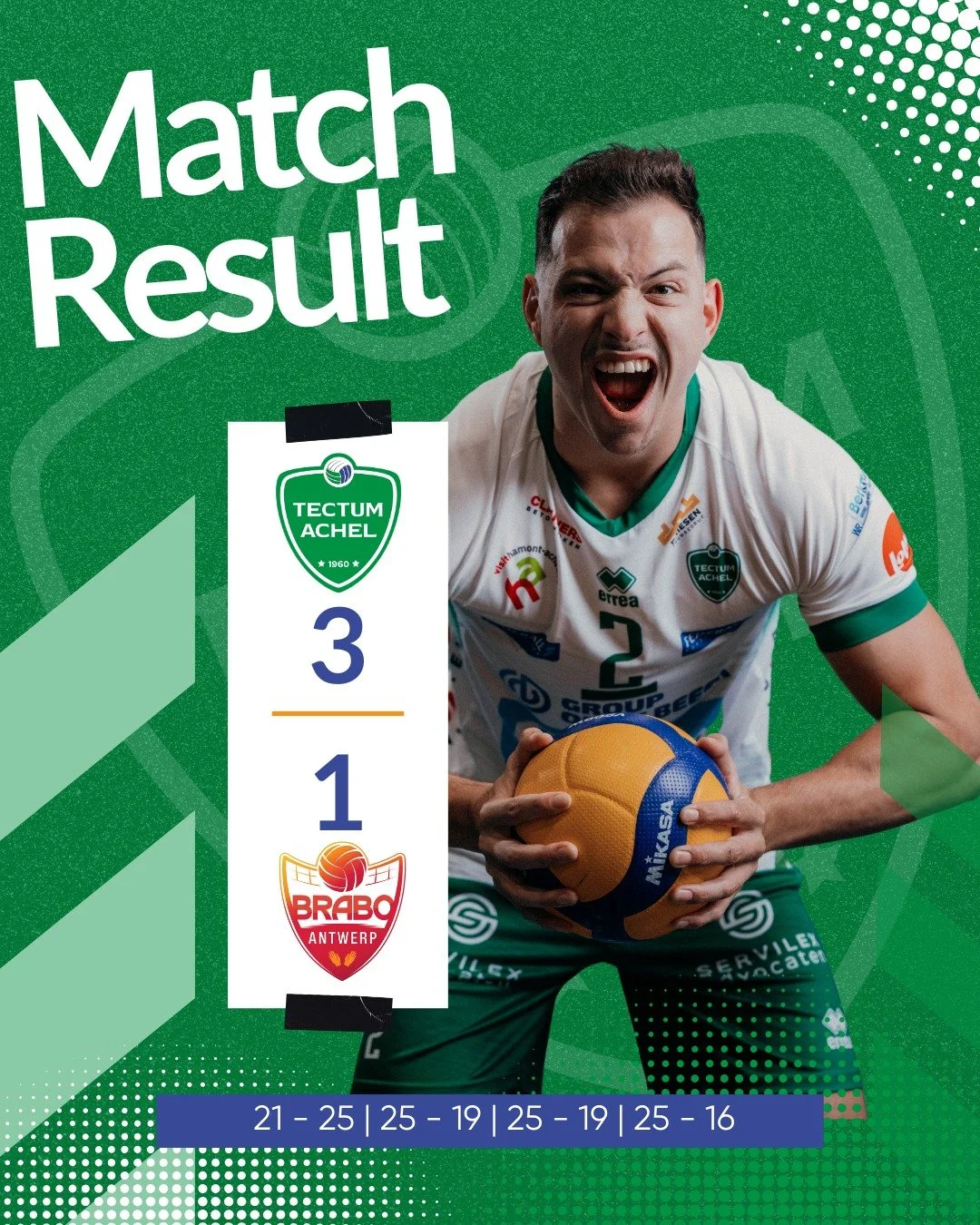 Na een matige start was in set 2 de motor warm gedraaid en houden we de 3 punten thuis 💪🤩

Dion werd verkozen als 🌟 of the game met maar liefst 70% effici&euml;ntie in zijn aanvallen 🤯