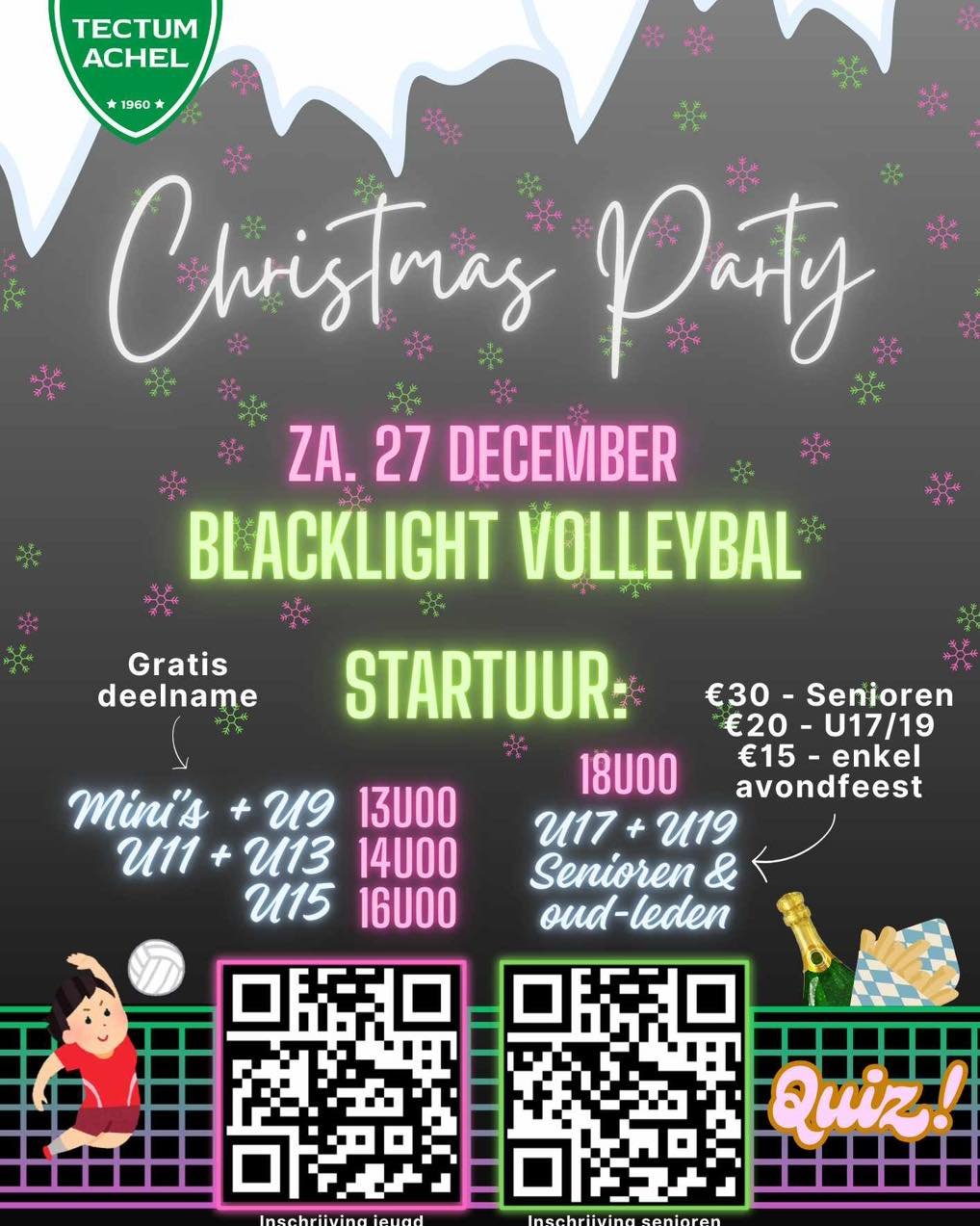 🎄 KERSTFEEST 🎄
Zaterdag 27 december wordt De Koekoek weer omgetoverd naar een blacklight sporthal! Schrijf je snel in via de QR-code of via de website 🎅🏼