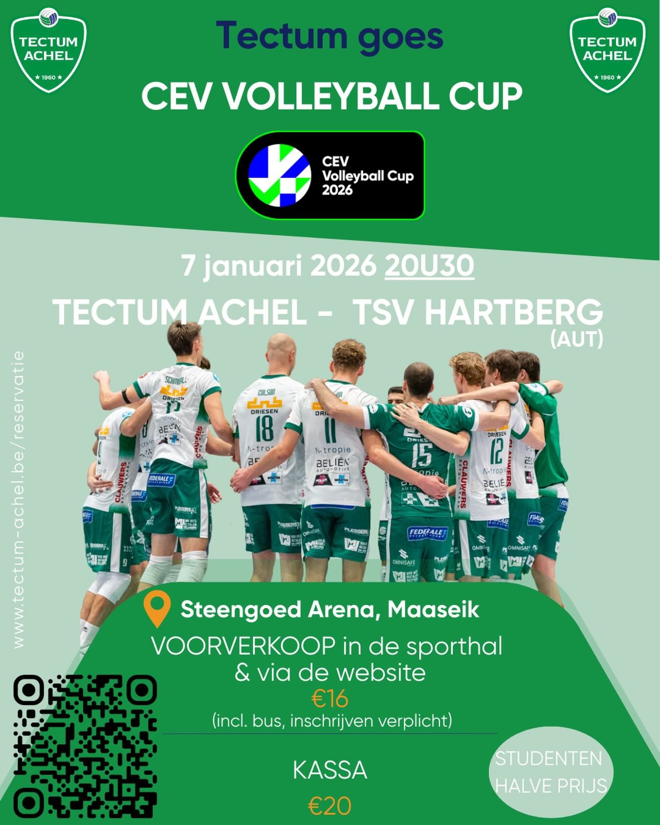 📢 *Oproep aan alle leden en ouders!* 

Op woensdag 7 januari speelt Tectum Achel een CEV-wedstrijd tegen TSV Hartberg in Maaseik. Uiteraard willen we daar met zoveel mogelijk supporters aanwezig zijn om onze ploeg naar de volgende ronde te schreeuwe