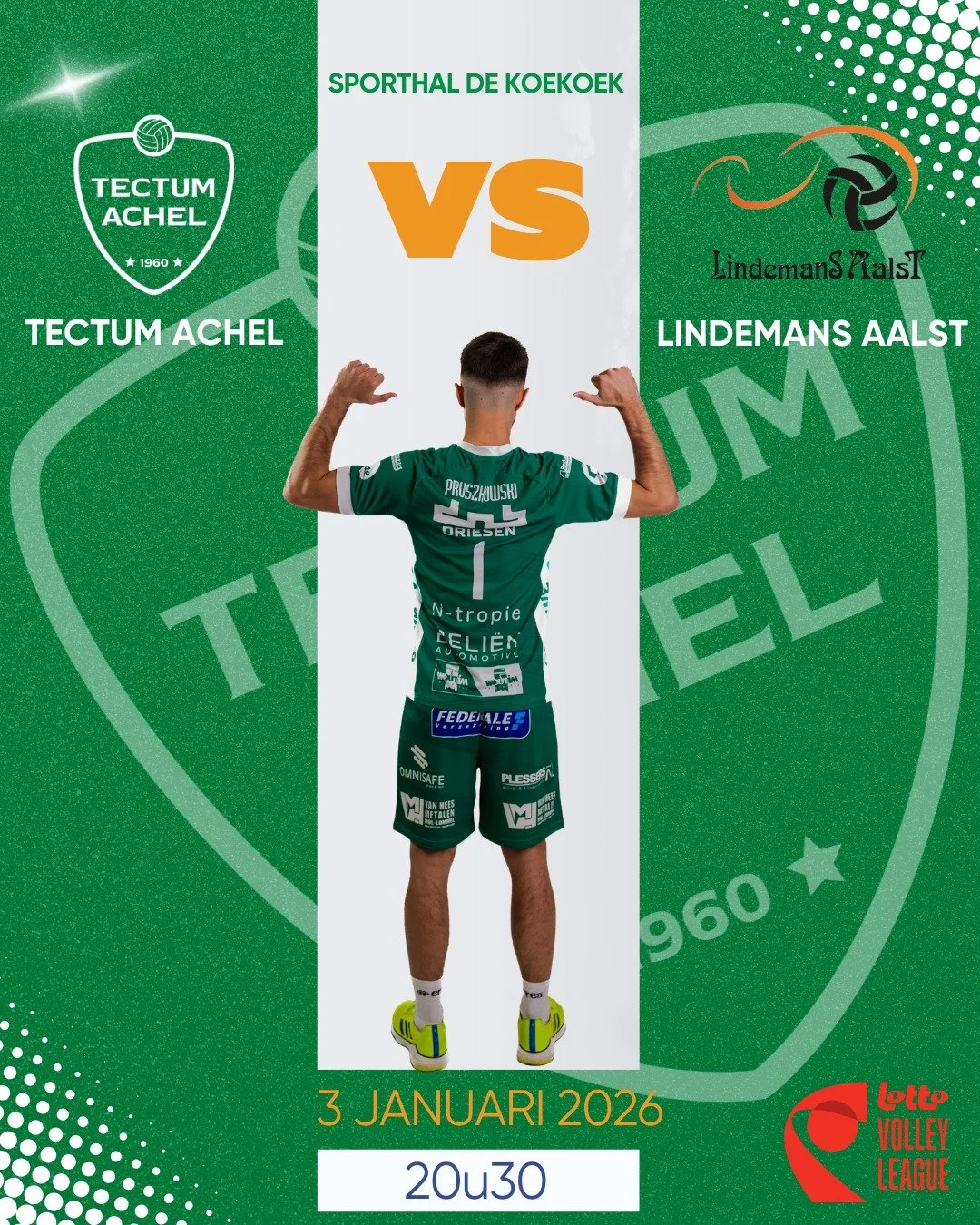 💚 HOMEGAME 💚
De eerste wedstrijd in het nieuwe jaar &amp; dat is meteen een heel belangrijke!

📅 3 Januari 2026 | 20u30
📍 Sporthal De Koekoek | Grevenbroekstraat 11 | 3930 Hamont-Achel
💻https://watch.lottovolleyleague.be/Me