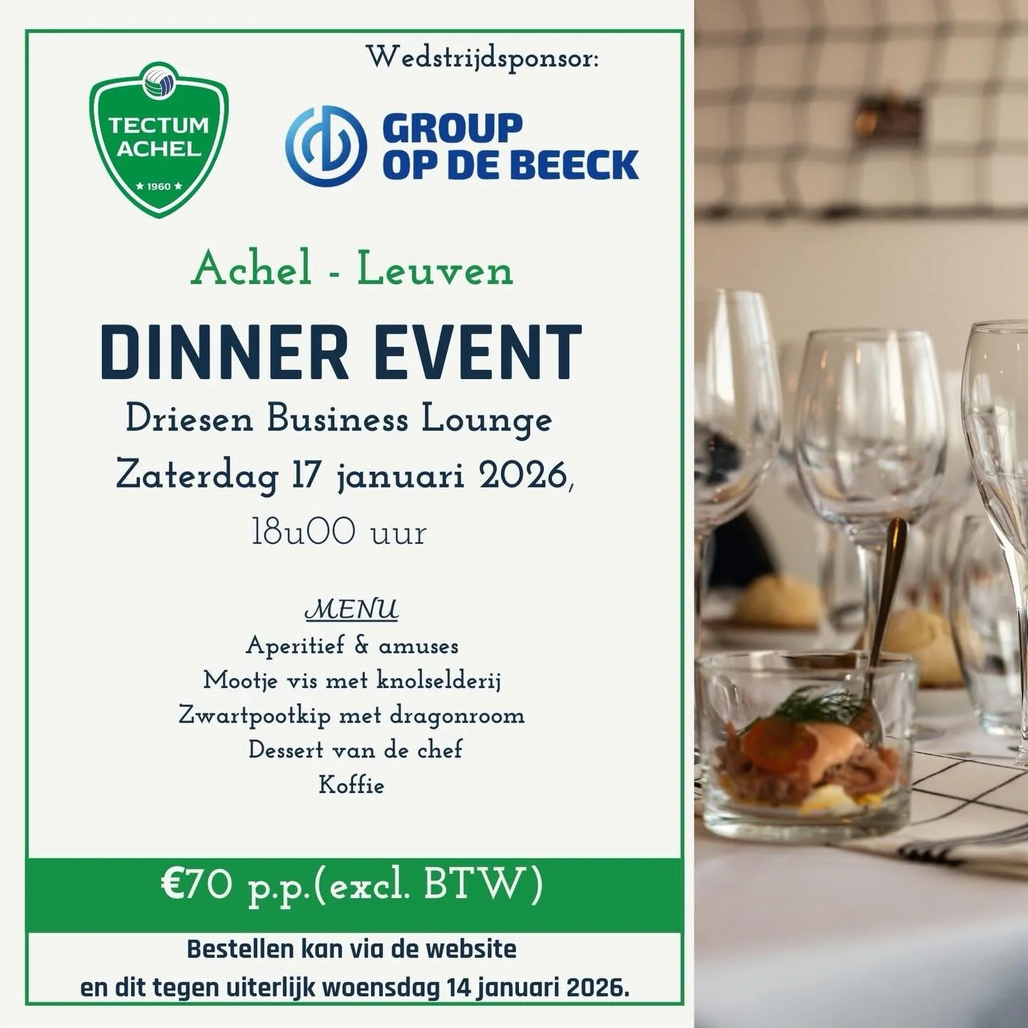 Schrijf je nu in voor het dinner event voor de thuiswedstrijd tegen Leuven op 17 januari! Inschrijven kan via de website (Kalender > reserveer nu) 🍷