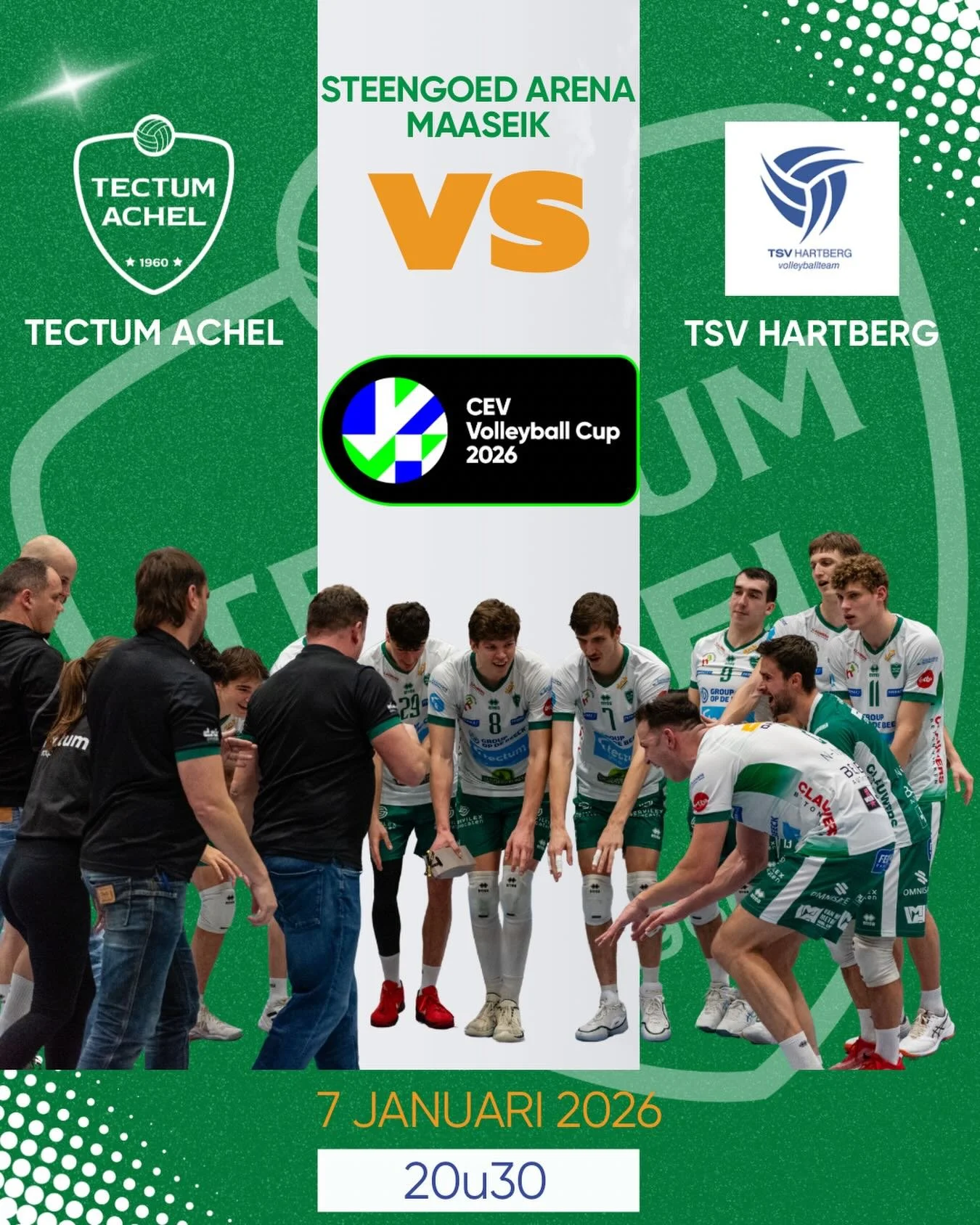 💚 HOMEGAME 💚
De terugwedstrijd van ons Europese avontuur, vol voor de winst!

📅 7 Januari 2026 | 20u30
📍 Steengoed Arena | Sportlaan 10 | 3680 Maaseik
💻https://watch.lottovolleyleague.be/Me