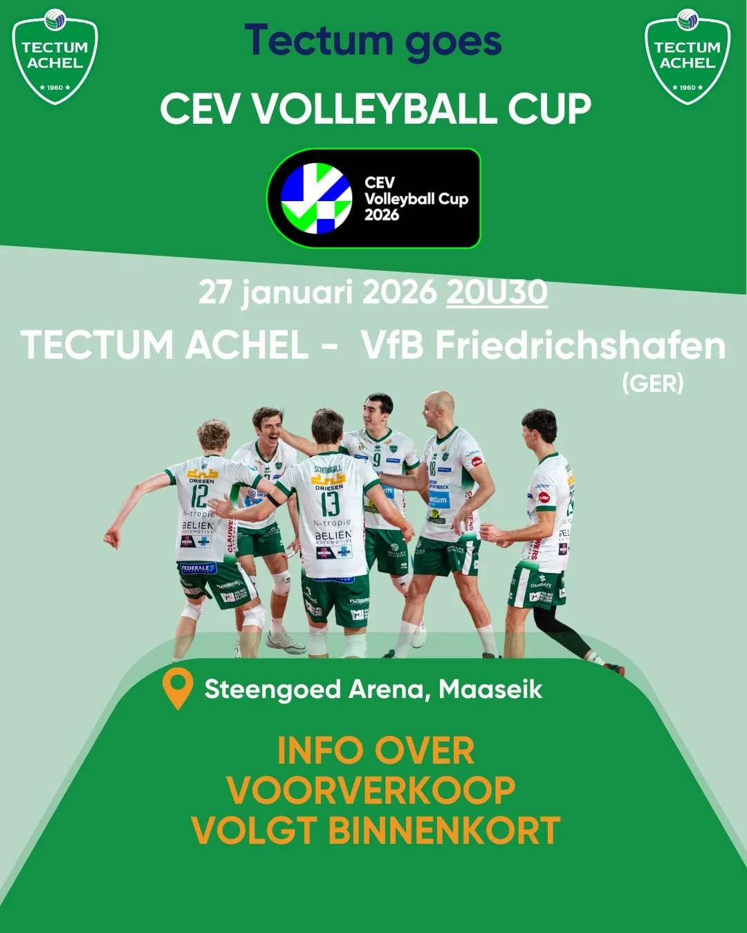 In de 1/8e finale van de CEV-cup spelen we op 21 januari de uitwedstrijd. De week later, 27 januari, zullen we opnieuw in de Steengoed Arena in Maaseik onze thuiswedstrijd spelen. 

Info over de verkoop van onze tickets volgt binnenkort, stay tuned!!