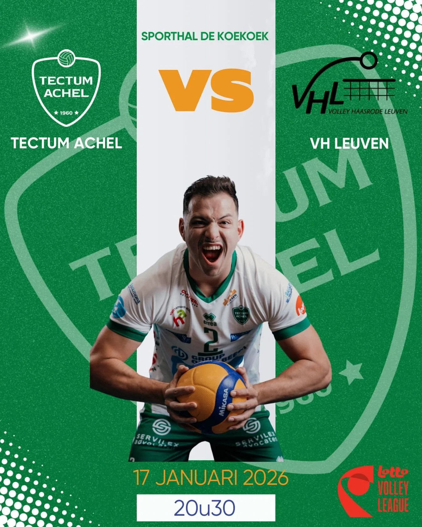 💚 HOMEGAME 💚
Thuiswedstrijd tegen de vice-kampioen van vorig seizoen!

📅 17 Januari 2026 | 20u30
📍 Sporthal De Koekoek | Grevenbroekstraat 11 | 3930 Hamont-Achel
💻https://watch.lottovolleyleague.be/Men