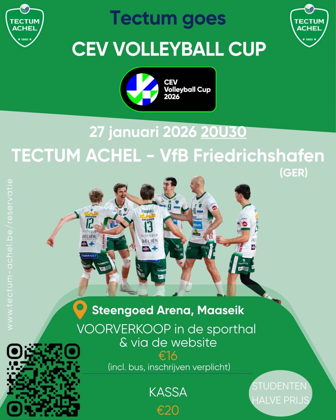 📢 Oproep aan alle leden en ouders! 
Op dinsdag 27 januari speelt Tectum Achel een CEV-wedstrijd tegen VfB Friedrichshaven in Maaseik. Uiteraard willen we opnieuw daar met zoveel mogelijk supporters aanwezig zijn om onze ploeg naar de volgende ronde 