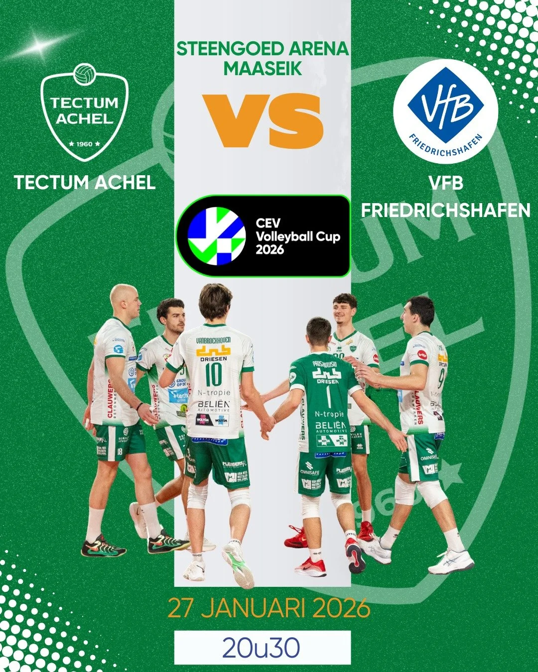 💚 HOMEGAME 💚
All or nothing 🤩 We only need 2 sets tomorrow, therefore we need your support!

📅 27 Januari 2026 | 20u30
📍 Steengoed Arena | Sportlaan 10 | 3680 Maaseik
