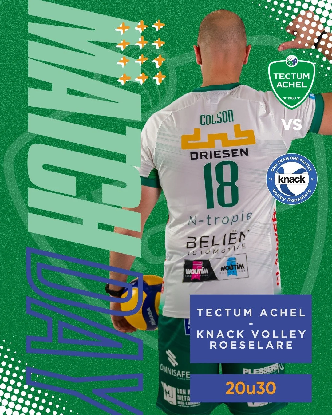 🤍 MATCHDAY 🤍
De laatste wedstrijd voor we aan de Challenge Play-offs beginnen! Let's finish it on a high 🔝

📅 14i 2026 | 20u30
📍 Sporthal De Koekoek | Grevenbroekstraat 11 | 3930 Hamont-Achel
💻https://watch.lottovolleyleague.be/Men