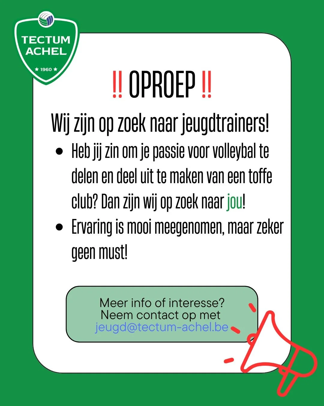 📣 OPROEP

🏐 Wij zijn nog op zoek naar enthousiaste trainers voor enkele jeugdploegen van volgend seizoen

💪 Heb jij zin om jongeren te begeleiden, je passie voor volleybal te delen en deel uit te maken van een toffe club? Dan zijn wij op zoek naar