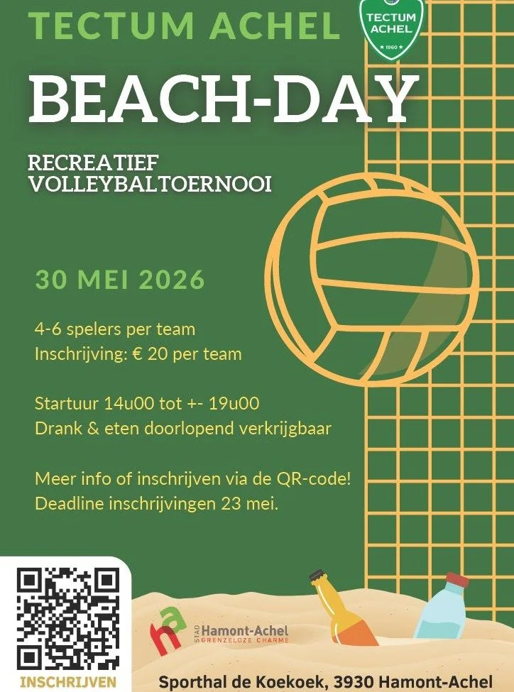 Ben jij al ingeschreven voor ons volleybaltoernooi?

Op zaterdag 30 mei 2026 organiseert de club een recreatief volleybaltoernooi. Trommel je leukste teamgenoten op en doe mee aan een gezellige sportieve namiddag! ☀️🏐

Praktische informatie:
👥 Team