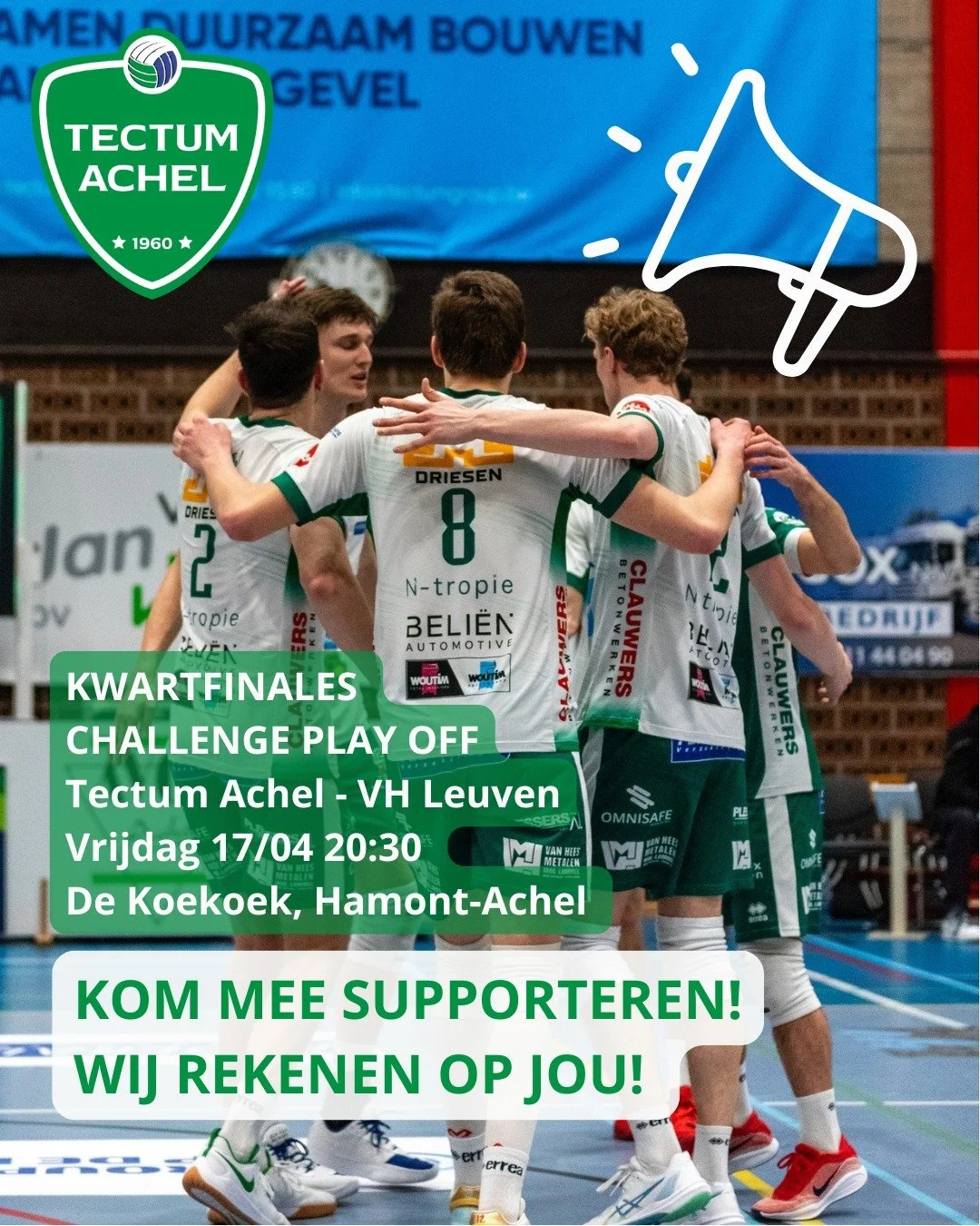 📣 Kom supporteren! 🏐

Deze vrijdag 17 april om 20:30 nemen de Heren A het op tegen Volley Haasrode Leuven in De Koekoek! 

We roepen alle jeugdspelers op om massaal te komen supporteren! Samen kunnen we onze heren naar de halve finale stuwen. Julli