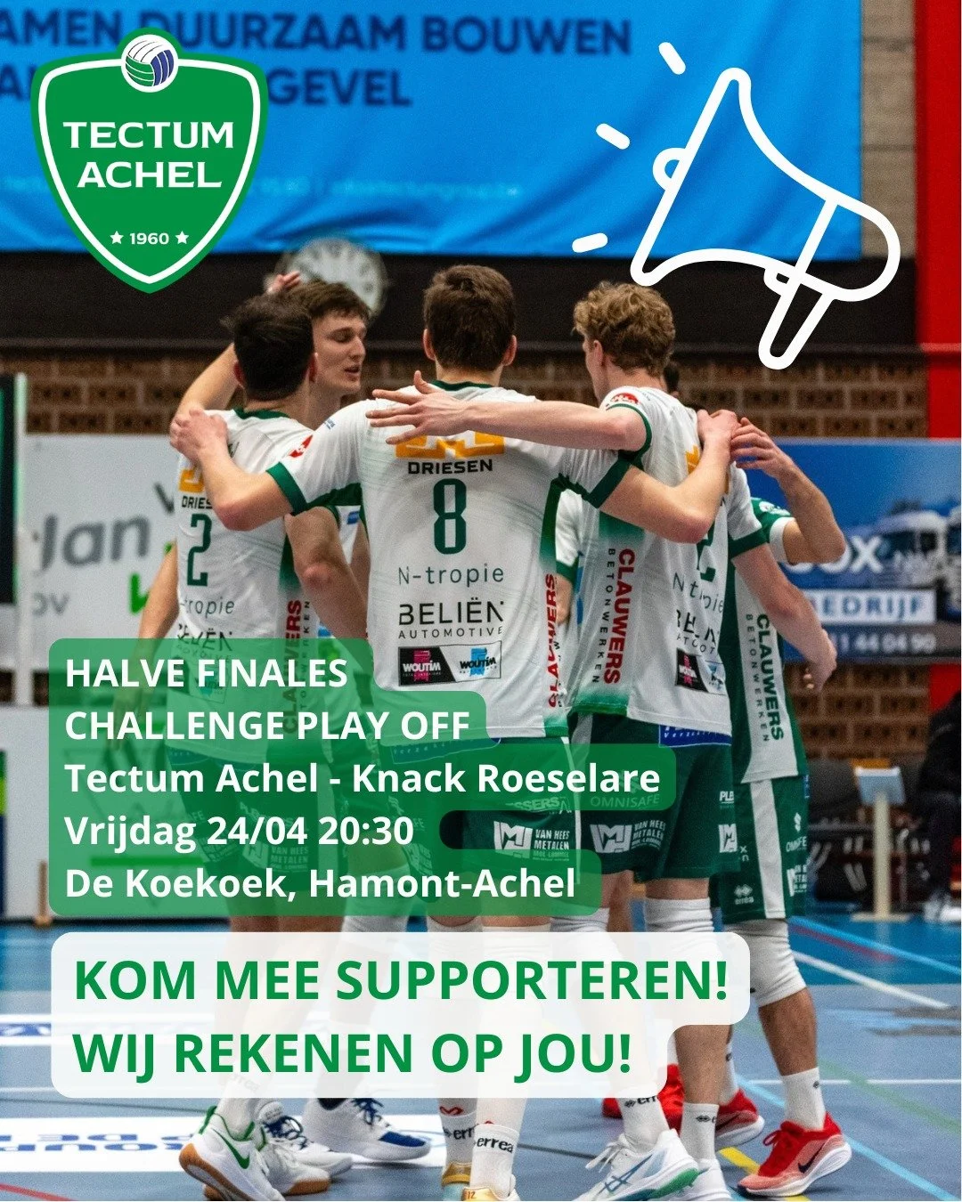 Onze Liga Heren staan in de halve finale van de Challenge Play-Offs tegen Knack Roeselare! 🔥Een topaffiche die je niet wil missen, met volleybal van het hoogste niveau.

Ze hebben jullie steun meer dan ooit nodig. Kom jij ook supporteren om samen vo
