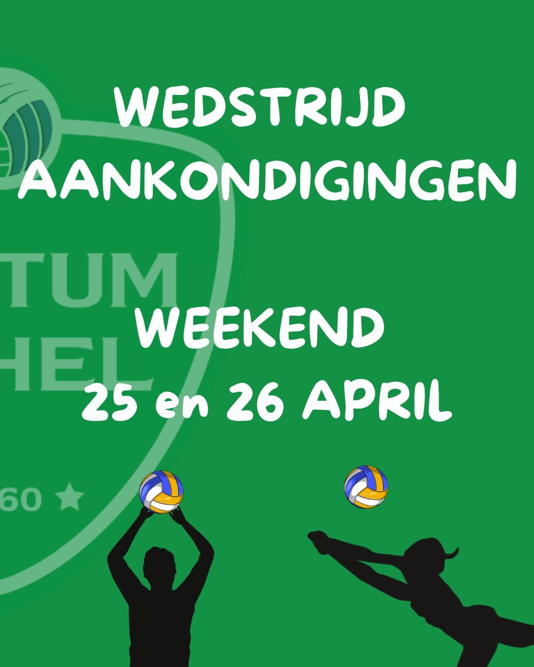 Weekend 25 &amp; 26 april

Ontdek hier de wedstrijden van het komende weekend. Voor de meeste ploegen is dit de laatste wedstrijd van het seizoen. We wensen iedereen veel succes!

Vergeet ook zeker niet te gaan supporteren voor onze Heren B die dit w