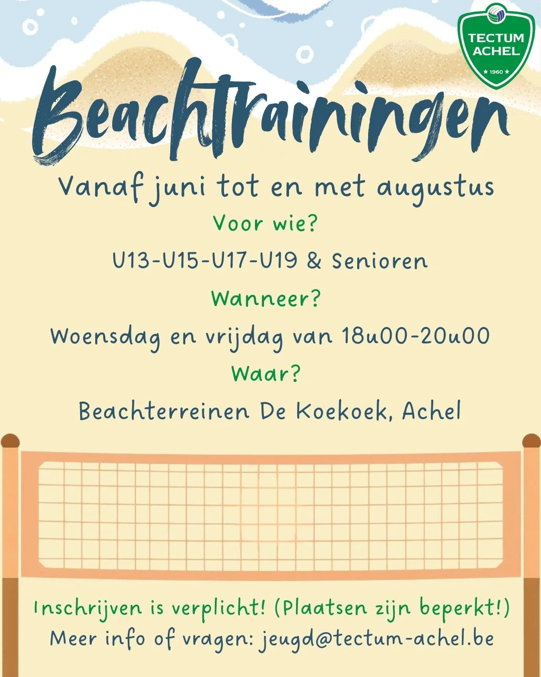 📢 Oproep: schrijf je in voor de beachtrainingen!

Eind mei sluiten we het indoor volleybalseizoen af en vanaf juni trekken we het zand op! 🌞

In de maanden juni, juli, augustus (tem 14/08) organiseren we opnieuw beachtrainingen op woensdag en vrijd